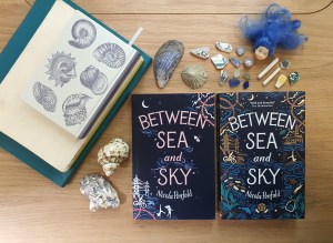 Notebooks, proof, finished book for Between Sea and Sky, surrounded by lots of shells and beachcombing treasures.